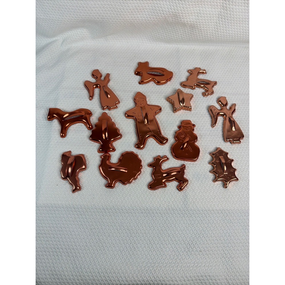Vintage Copper Metal Holiday Christmas Cookie Cutters Set of 13 Reindeer Angel